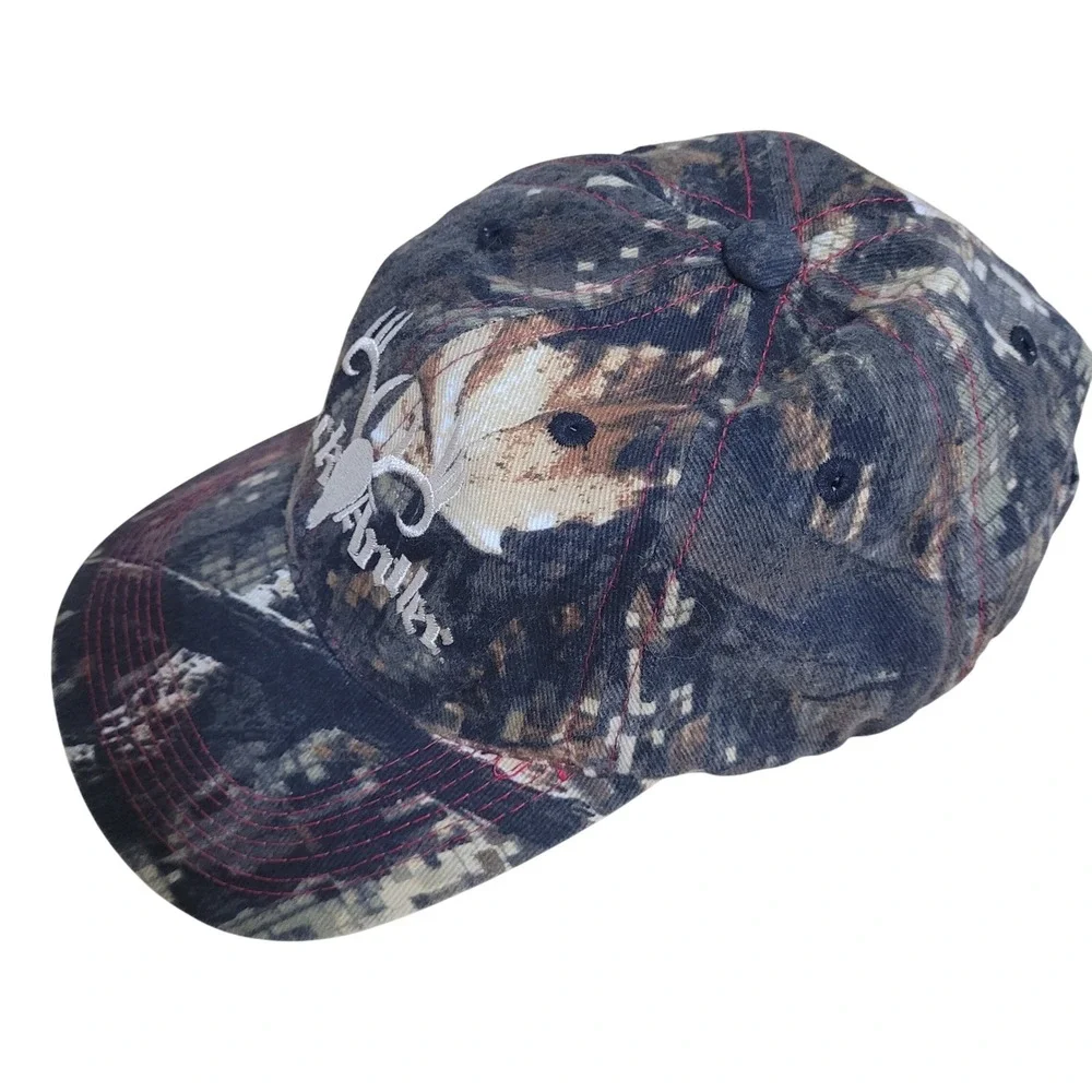 Black Antler Camo Hunting Hat Adjustable Strap Embroidered Antlers Cap - Picture 3 of 8